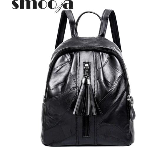 SMOOZA 2021 Tassel Women Backpacks Genuine Sheepskin College Bags for Teenage Girls Ladies' Travel Backpack Black School Bags