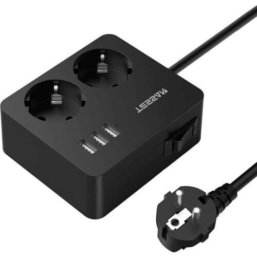 Power Strip EU Plug with 3 USB Ports and 2 AC Outlet Electrical Charger Adapter with 1.5M Extension Cord for Computer Phone TV