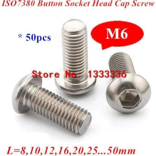 50pcs ISO7380 M6 Stainless steel 304 A2 Round Head Screws Mushroom Hexagon Socket Button Head Screws Bolts M6*10/12/16/20/25/30