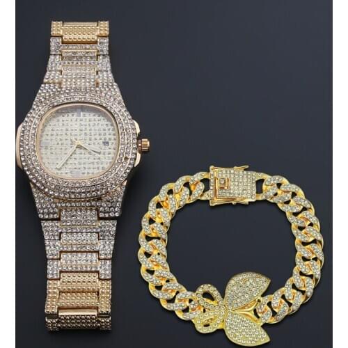 Women Hiphop Butterfly Bracelet Mens Quartz Watches Bling Diamond Iced Out Wrist Watch Gold Color Silver Fashion Luxury Alloy