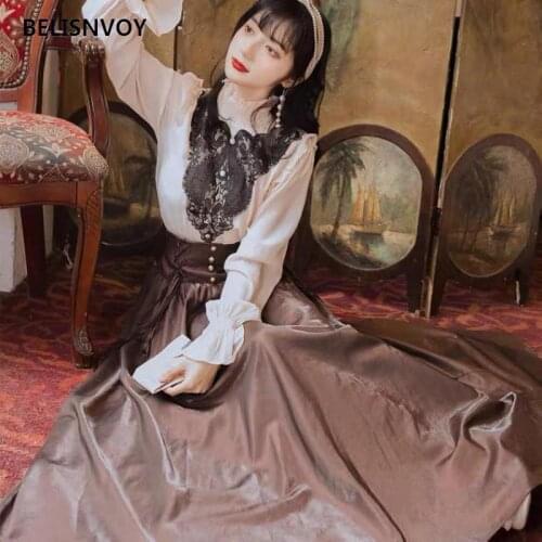 Women Two Piece Outfits 2021 Autumn Winter Lace Chiffon Shirt Long Sleeve Top and Khaki Skirt Set Maxi Long Bandage Dress