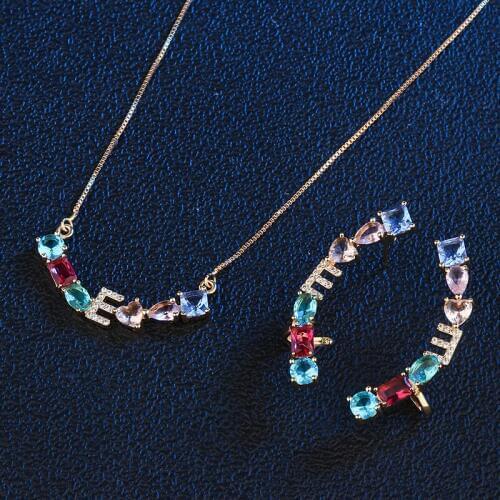 Jewelry Sets Copper Letter Multicolor AAA Cubic Zirconia Gold Black Necklace Earrings Wedding Party Women Fashion Jewelry Gift