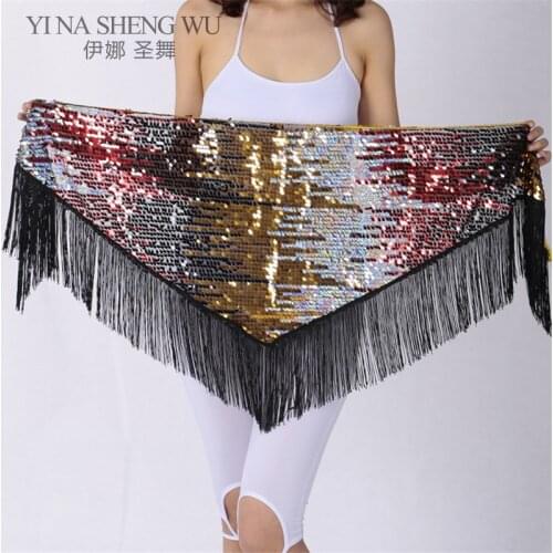 New Style Belly Dance Sequins Belly Dance Hip Tassel Scarf for Women Belly Dancing Belts Triangle Wrap Costume Belt Fringe Scarf