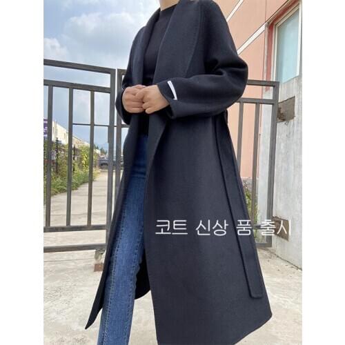 Winter 2020 Handmade Long Double Sided Woolen Overcoat Women Large Lapel Solid Black Color Lacing Belt Loose 100% Wool Coat