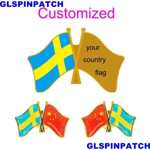 Sweden Crossed Friendship Flag Double Country lapel pin Brooch USA UK France Chile Russia Saudi Arabia Japan Spain Badge
