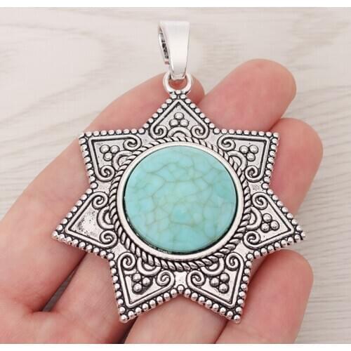 3 x Tibetan Silver Large Seven Pointed Star Medal with Faux Turquoise Stone Charms Pendants for Necklace Jewelry Making 74x56mm