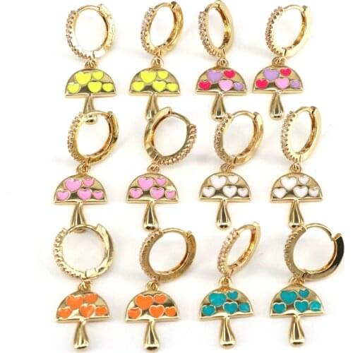 5 Pairs,Gold Filled Colorful CZ Micro pave Mushroom Shape Huggies Dangle Earring Enamel Pendientes 2021 Trend Jewelry Gift