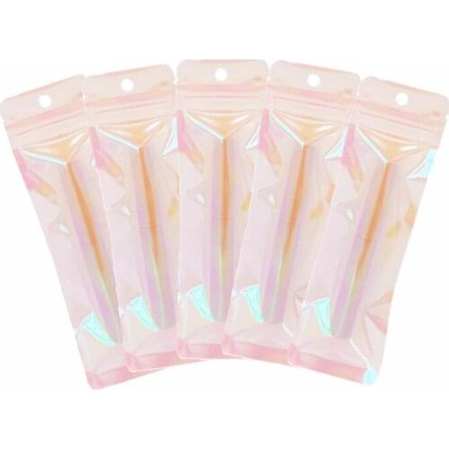 50Pcs Iridescent Pink Lipstick Lip Gloss Gift Bag Clear Plastic Laser Cosmetic Sample Packaging Baggies Hang Pouch With Zipper