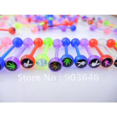 100pcs Free Shipment Acrylic body piercing Body Jewelry-Mix Logos Colorful Tongue Ring Bar