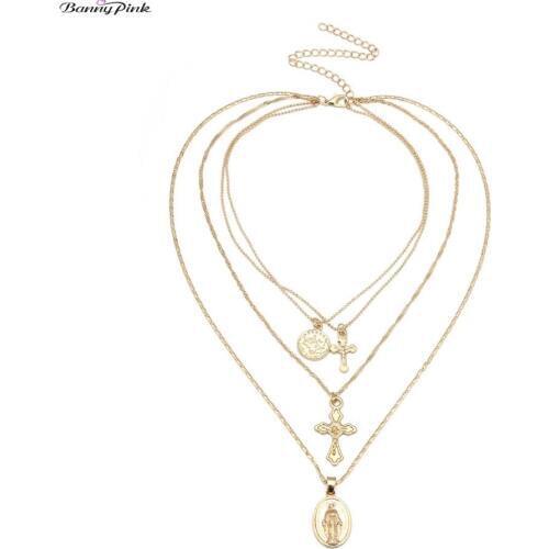 Banny Pink God Bless You Necklace Catholic MultiLayer Cross Virgin Mary Geo Pendant Christian Choker Neckalce Religious Colar