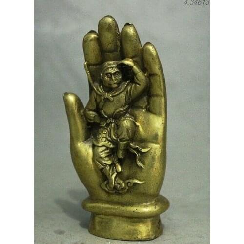 Folk Chinese myth Brass Tathagata Buddha Hand Sun Wu Kong Monkey King Statue