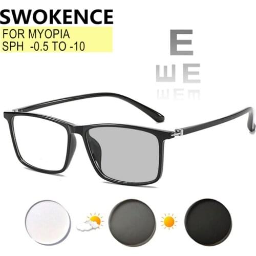 SWOKENCE Photochromic Blue Light Blocking Myopia Glasses Prescription -0.5 to -10 Customizable Women Men Square TR90 Frame F118