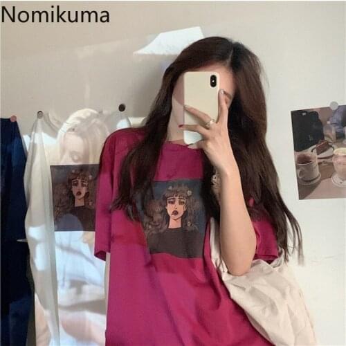 Nomikuma Japan Style Vintage Short Sleeve T Shirts Women Casual Harajuku Loose Tshirts O Neck Short Sleeve Graphic Tee Camisetas