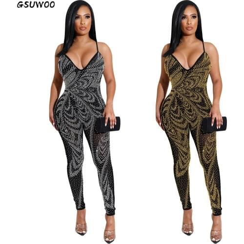 Gsuwoo Sexy Sheer Mesh Diamond Strapless V Neck Backless Party Clubwear Jumpsuit Women Bandage Outfit One Piece Rompers Overalls