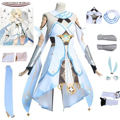 Game Genshin Impact Cosplay Costume Traveler Lumine Cosplay Costume Women Girls White Costume Halloween Dress Stocking Belt Suit