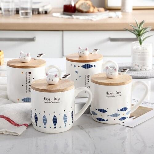 Japanese Style Mark Ceramic Cup With Spoon Lid Cute Simple Creative Cat And Fish Cartoon Breakfast Milk Cup