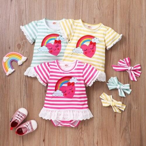 2021 Summer Baby Bodysuit 2 Pcs Lace Striped Love Rainbow Short Sleeve Baby Rompers+bow Headband Casual Sweet Baby Clothes 0-18M