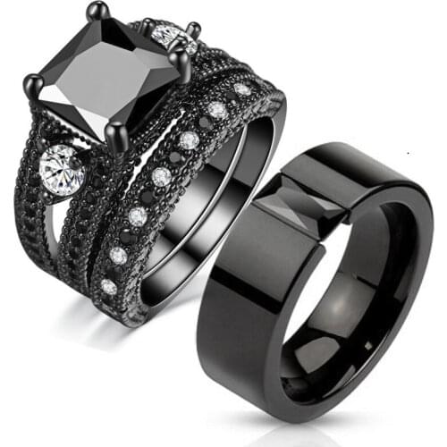 Black Nano Zircon Plated Black and Golden Ring Black and Golden Men and Women Couples Ring Set
