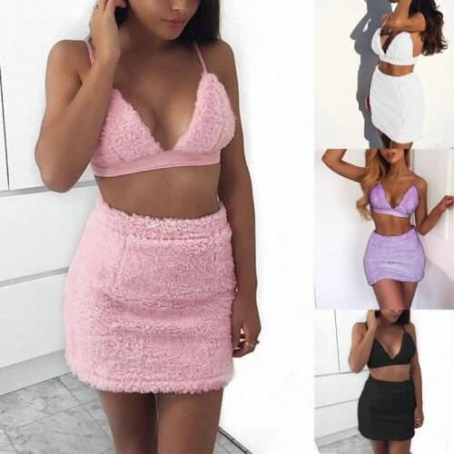 2021 New Autumn Faux Fur Pink Sexy Two Piece Set Halter Bralette Crop Top And Mini Skirt Autumn Winter Outfits Club Dress Suit