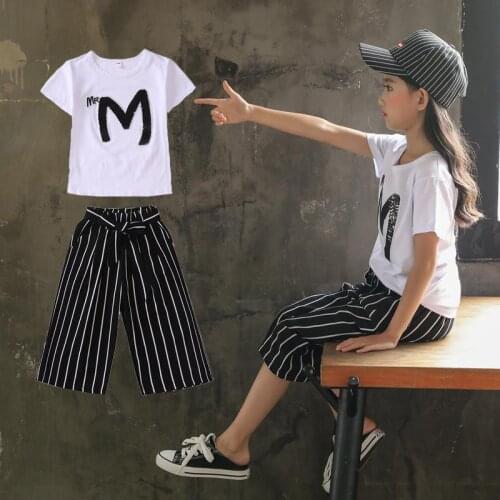 Girls Clothing Sets 2021 Children Sequin Short Sleeve + Wide Pants 2 Piece Summer T-shirt Kids Outwear Teenagers Girl Clothes