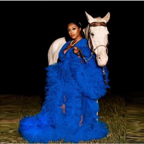 Royal Blue Tulle Maternity Robes Long Sleeves Sheer Tulle Maternity Dressing Gowns For Photograph Shoot Women Tulle Dress