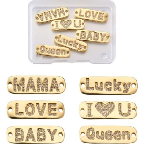 Brass Micro Pave Cubic Zirconia Links, Long-Lasting Plated, Rectangle with Words, Real 18K Gold Plated