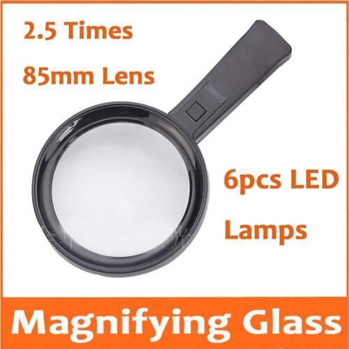2.5X 4.5X 85mm LED Handheld Illuminated Magnifier Children Educational Reading Magnifying Glass Loupe with 6 Lamps for Old Man
