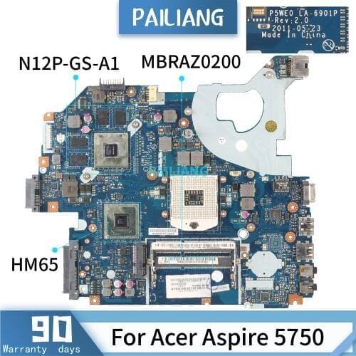 PAILIANG Laptop motherboard For Acer Aspire 5750 HM65 Mainboard MBRAZ0200 P5WE0 LA-6901P N12P-GS-A1 tesed DDR3