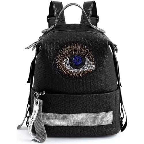 Fashion Womens Genuine Leather Backpack Soft Cowhide Travel Backpack Lady Encrusted Shoulder Bag Girl Large Capacity School Bag
