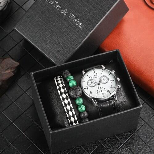 Keller & Weber Quartz Watch Bracelet Sets Birthday Gifts Son Husband Fashion Beaded Leather Rope Bracelets Mens Watch Box Set