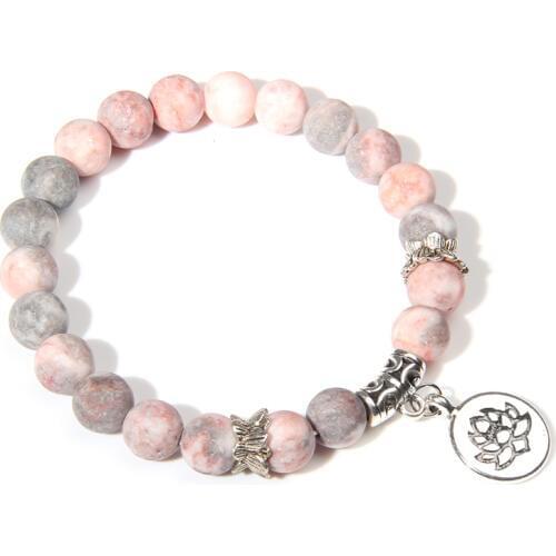 Natural Pink Zebra Stone Bracelets Women Buddha Prayer Silver Color Lotus Charm Bangle Pulsera Healing Energy Women Bracelets