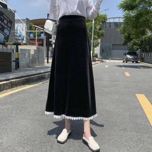 2021 Autumn Winter New High Waist Slim Simple Black Velvet Skirt Retro Elegant Lace Casual Women A-line Long Skirt Free Shipping