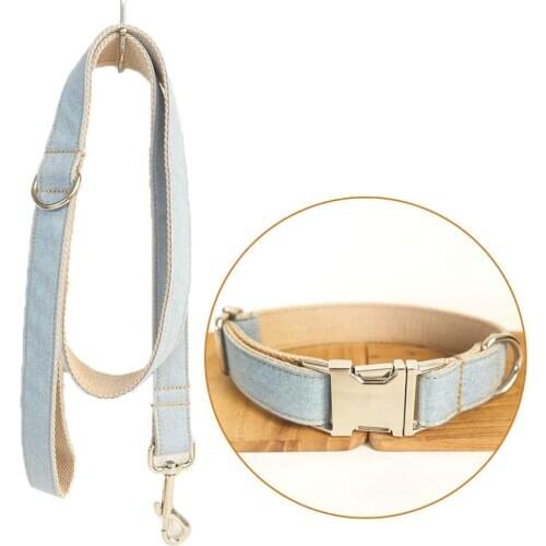 Dog Leash Collar Set Adjustable Outdoor Cowboy Pet Collar Set Heavy Duty Denim Dog Leash Collar for Small Medium and Large Dog