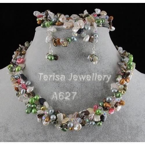 New Free Shipping A627# Length 19''Grade AA Crystal 8-9MM Mix Color Natural Fresh Water Pearl Necklace 4Rows Set Jewellery