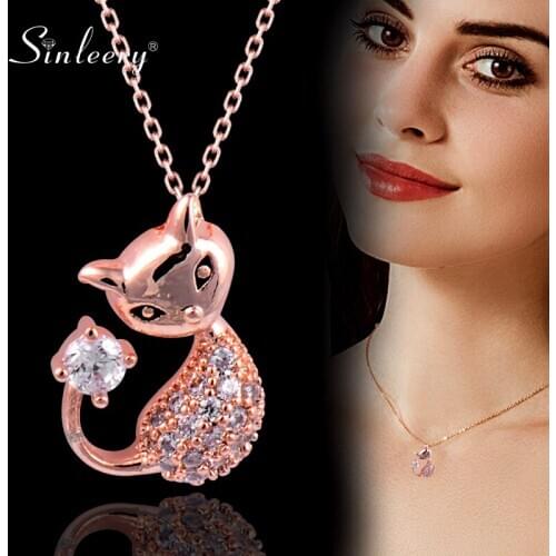 SINLEERY Lovely Cat Animal Pendant Necklace Rose Gold Silver Color Chain Tiny Cubic Zircon Choker Women Necklace XL771 SSA
