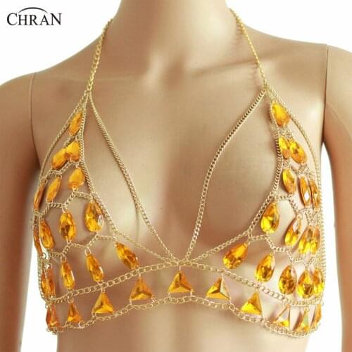 Chran Sexy Mesh Chain Bra Bikini Sequin Halter Harness Body Chain