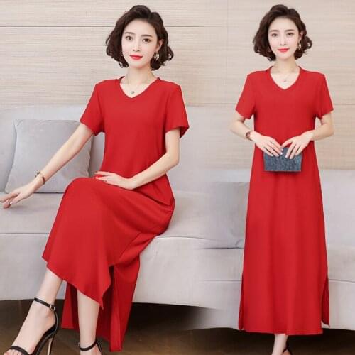 New Summer Women Middle-aged Dress Fashion Elegant Casual O Neck Short sleeve Solid Color Female Dress Clothing