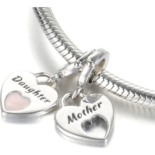 Authentic S925 Silver Pendant Dangle Mother Daughter Dangle Charm for Women Bracelet Bangle DIY Jewelry Pink Heart