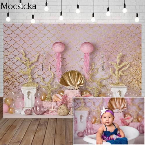 Underwater World Mermaid Photography Background Golden Coral Pink Balloon Decor Prop Princess Girl Birthday Cake Smash Backdrops