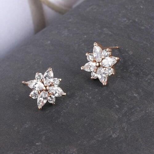 Rhinestone Flower Stud Earrings Rose Gold Color Fashion Brand Crystal Snowflake Wedding Jewelry For Women HotSale E616
