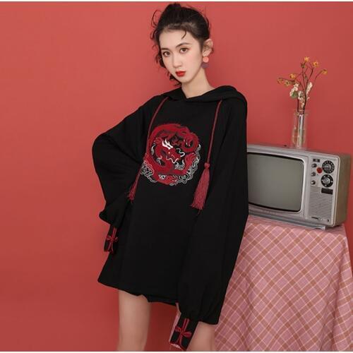 Spring New Female Sweatshirt Solid Color Dragon Embroidery Vintage Hooded Lantern Sleeve All-match Outerwear XZ704