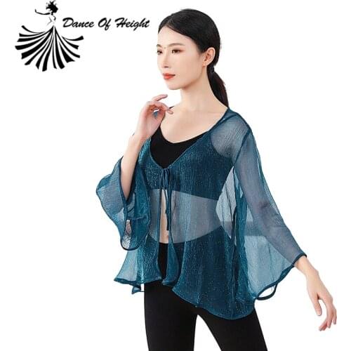 Loose Ladies Classical Dance Clothes See Through Strap Cardigan Outfit Long Flare Sleeve Gauze Frill Cove-Up Practice Top Shirt