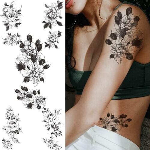 Camellia Fake Temporary Tattoos For Women Girls Lily Peony Flower Tattoo Sticker Daisy Sunflower Arm Hands Leaf Waterproof Tatoo