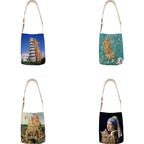 Art Fat Orange Cat Lady Shoulder Bag Cotton Linen Handbag Mini Bag Simple Mini Messenger Bag Casual Messenger Bag