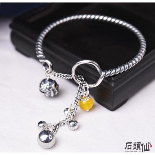 Bracelets female 925 handmade foot silver bell beeswax retro fashion simple ancient style twisted silk fine silver bracelet