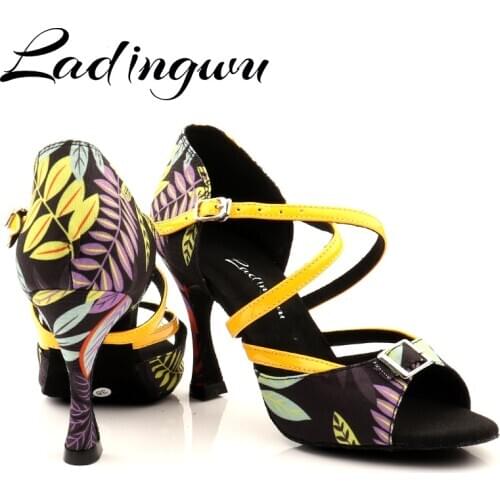 Ladingwu New Modern Floral denim Salsa Dance Shoes Woman Girls Simple Style Latin Dance Shoes Soft Bottom Ballroom Dance Shoes