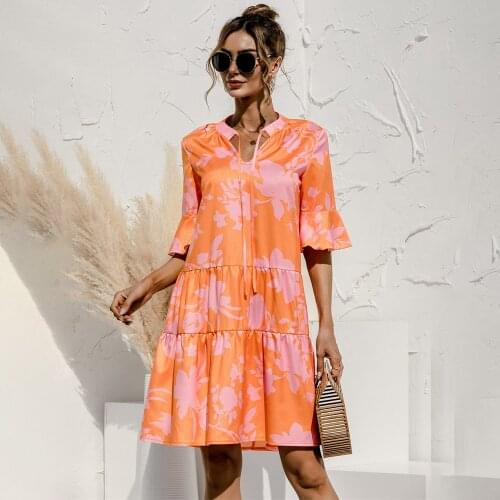 Casual Loose Leopard Print Mini Dress Woman Summer Fashion Half Sleeve V-neck Lace Up Floral Dresses For Women 2021 Robe Femme