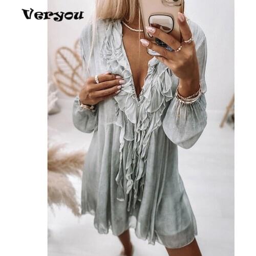 2021 Autumn Women Fashion Mesh Party Dresses Elegant Long Sleeve Loose Chiffon Dress Sexy V Neck Ruffle Ladies Beach Mini Dress