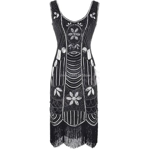 Women Vintage 1920s Art Deco Beaded Sequin Embellished Flapper Dress Vestido Bodycon Gatsby Flapper Party O Neck Tassel Dresses