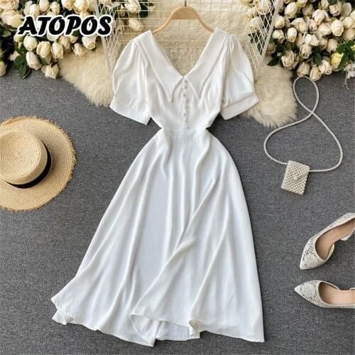 French Vintage White Women Summer Dress V-Neck Short Sleeve Slim High Waist Sweet Midi Elegant Dress Female Clothes 2021 Atopos